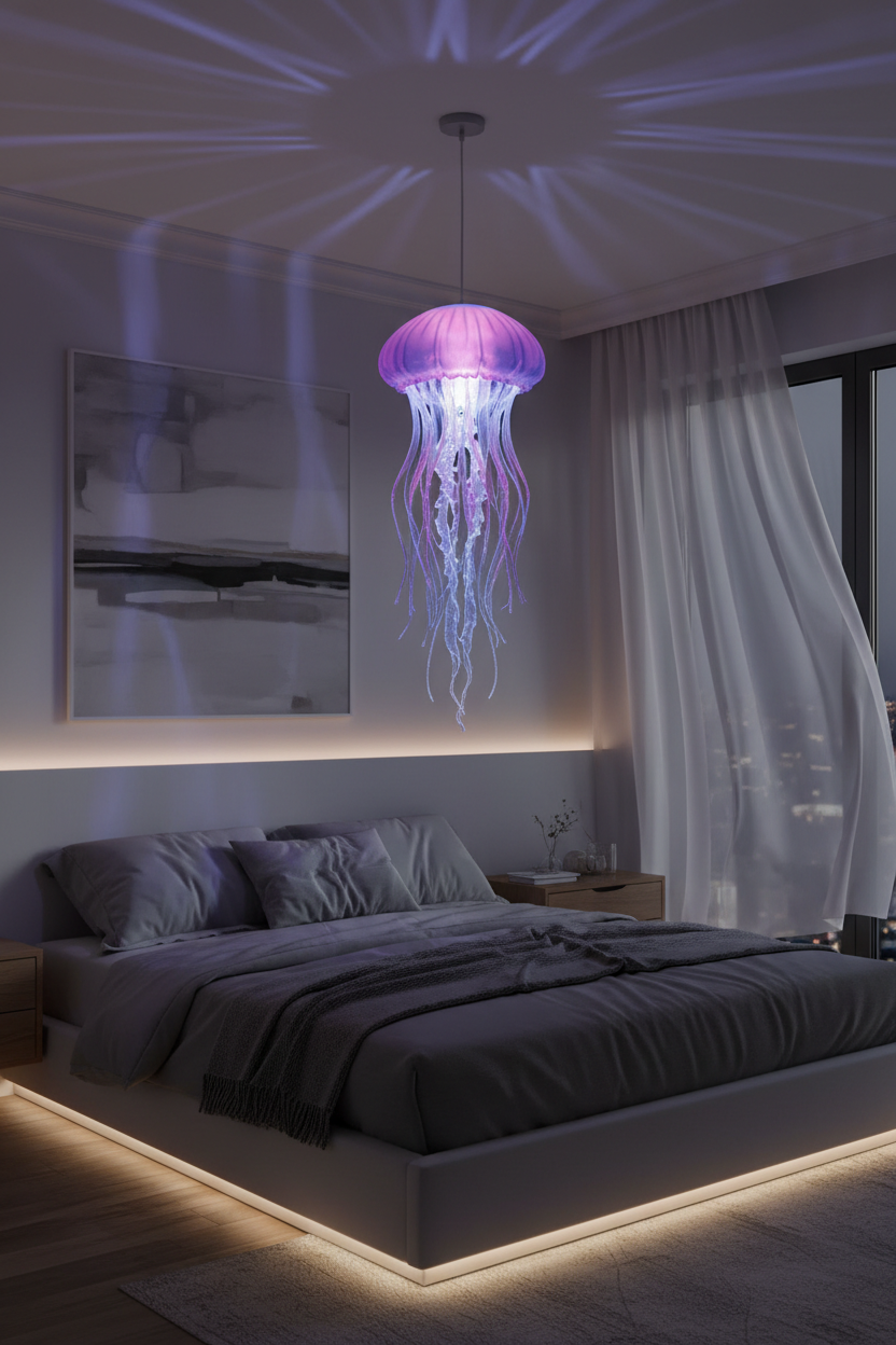 Lámpara de medusa en dormitorio
